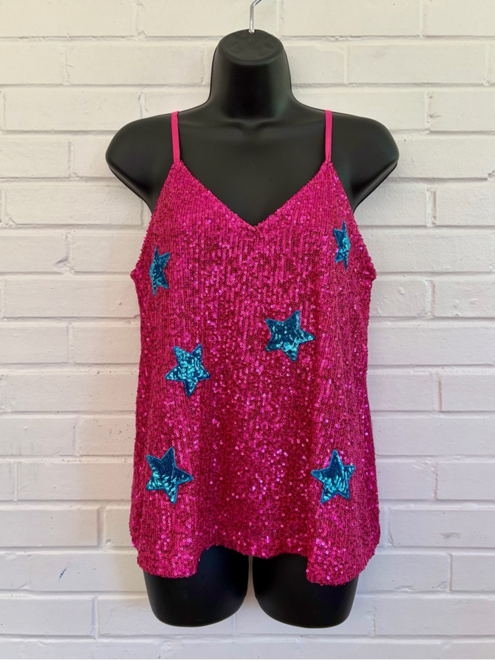 Judith March Fuchsia & Blue Sequin Star Cami Tank Top, SZ M